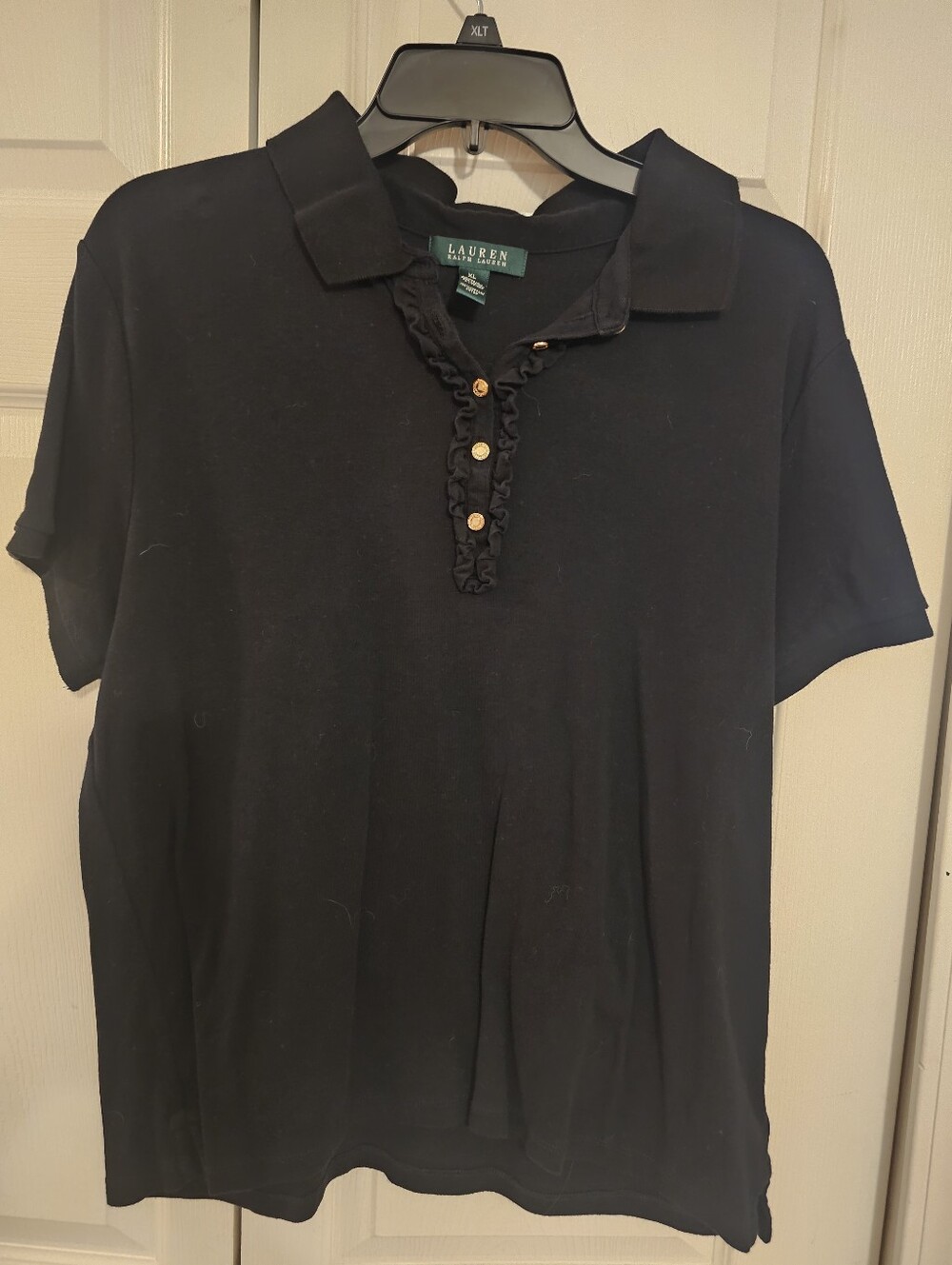 Lauren By Ralph Lauren Blk Polo Shirt With Ruffle Detail Size L